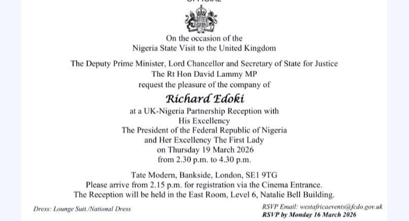 Invited to UK State Visit Reception for President Bola Ahmed Tinubu